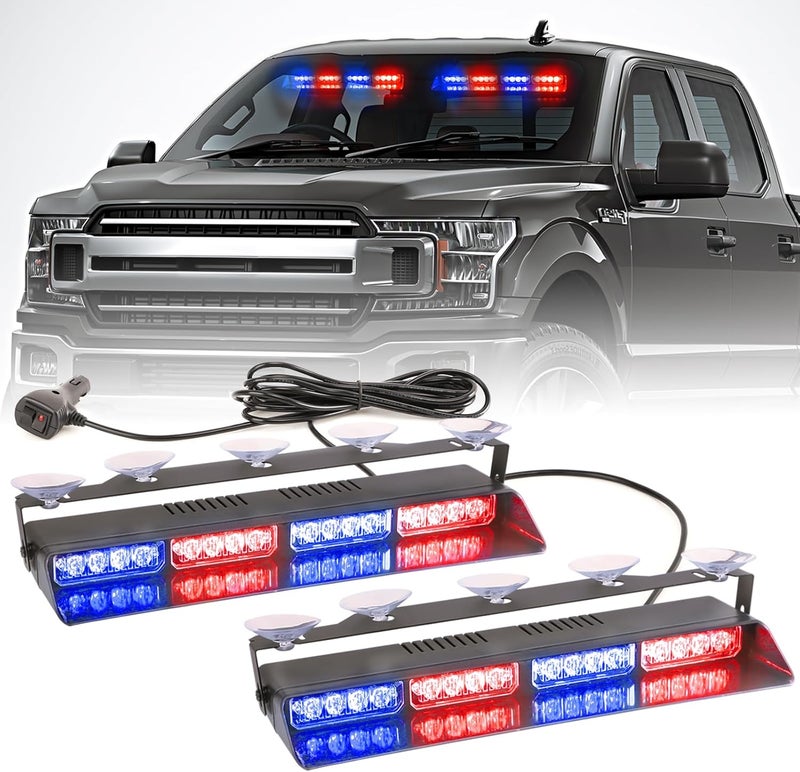 PKINGLAKE 2 in 1 LED Emergency Dash Strobe Light Bar Front/Rear Windshield Safety Flashing Warning Hazard Interior Lights for Police Firefighter Construction Vehicles Trucks (2x14 inch, Blue/Red) - Image 1
